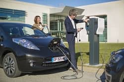 People about to plug in electric car to EV charger
