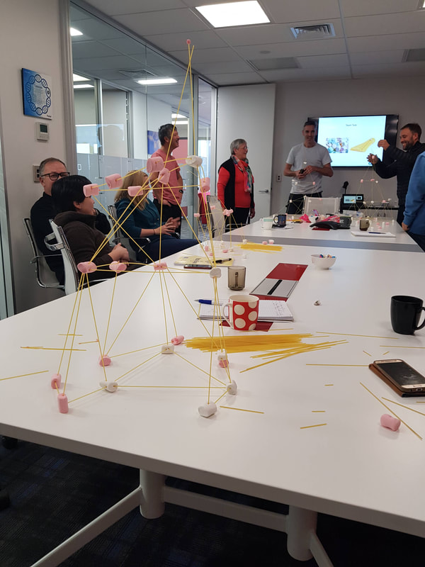 A board room table with cups, notebooks and marshmellow spaghetti challenge towers