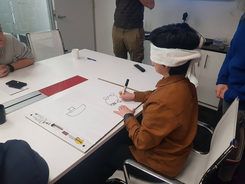 Another person drawing while blindfolded