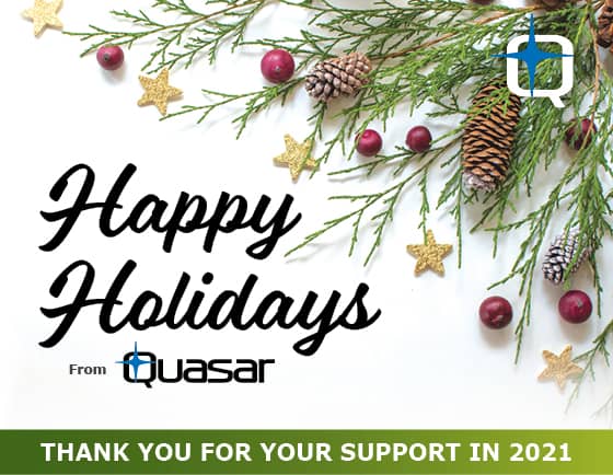 Xmas tree branches with text Happy Holidays from Quasar